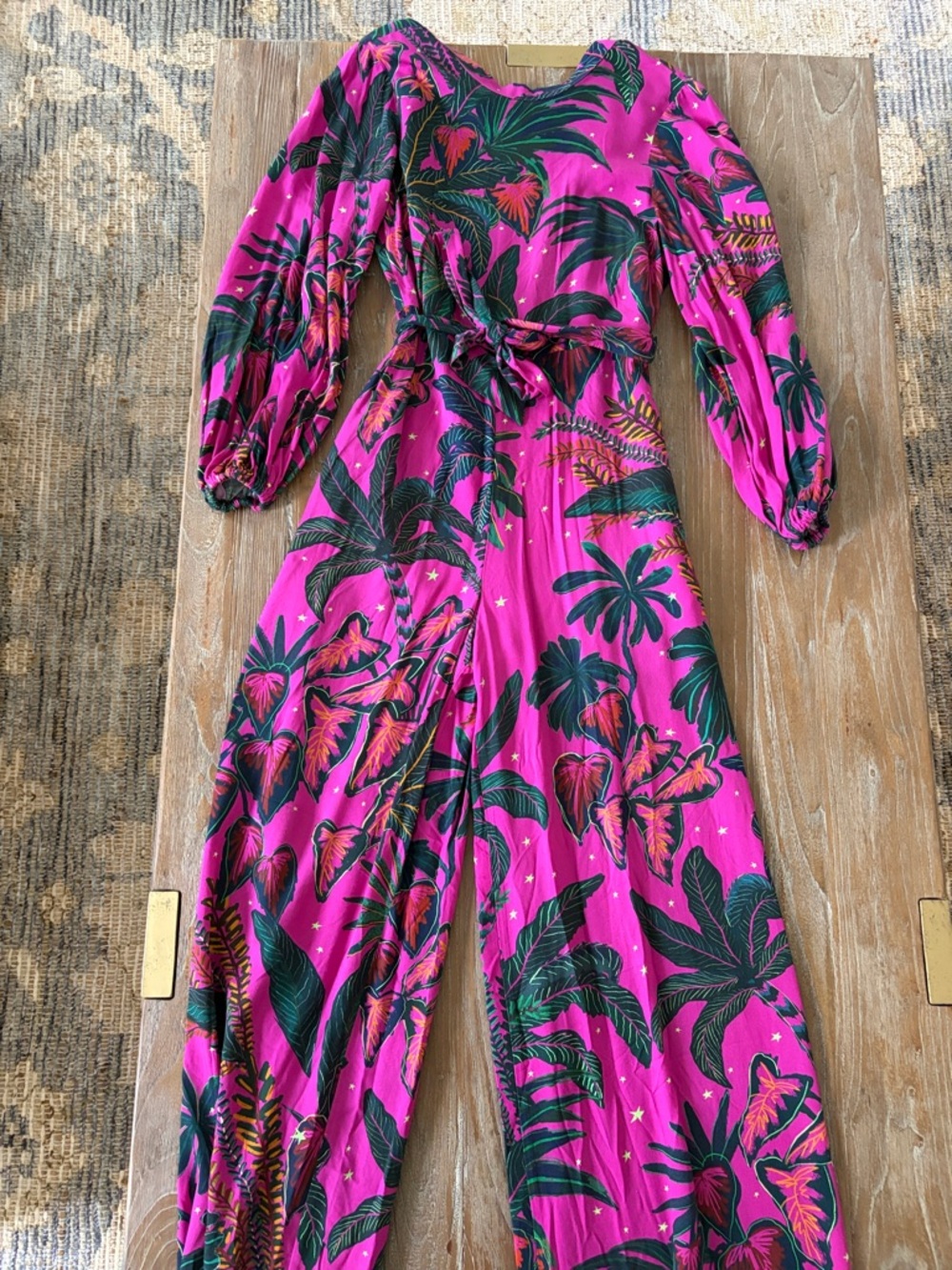 FARM for Anthropology Vibrant Pink Tropical Print Jumpsuit with Tie Waist XS